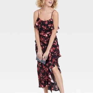 A New Day‎ Women’s Small Midi Cold Shoulder Floral  Black/red Dress
